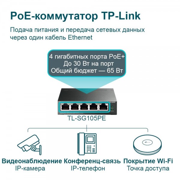TP-Link Коммутатор Easy Smart с 5 гигабитными портами (4 порта PoE+)