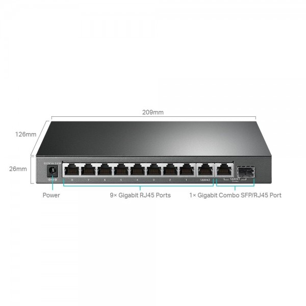 TP-Link Коммутатор Easy Smart с 9 гигабитными портами RJ45 (8 портов PoE+) и комбинированным гигабитным портом RJ45/SFP