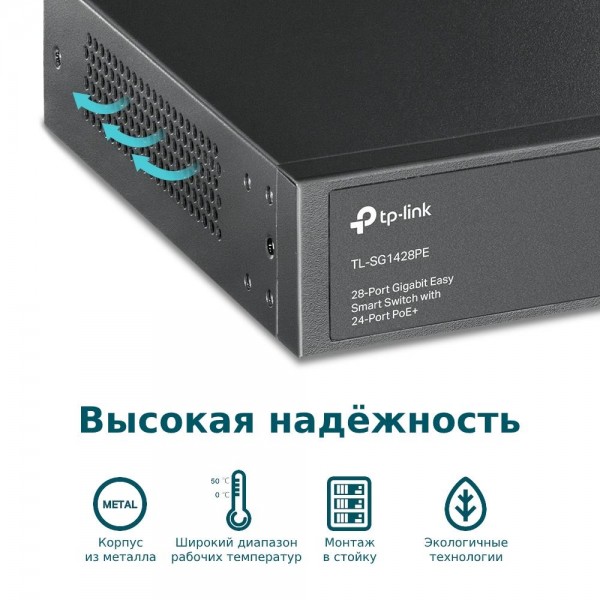 TP-Link Коммутатор Easy Smart с 26 гигабитными портами RJ45 (24 порта PoE+) и 2 гигабитными портами SFP
