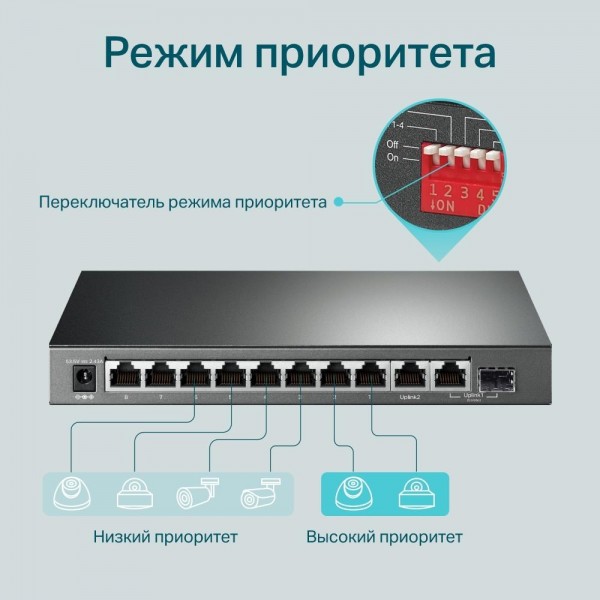 TP-Link Настольный коммутатор с 9 гигабитными портами RJ45 (8 портов PoE+) и комбинированным гигабитным портом RJ45/SFP