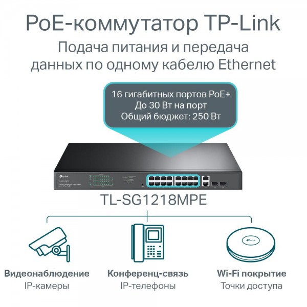 TP-Link 18‑портовый гигабитный коммутатор Easy Smart с 16 портами PoE+