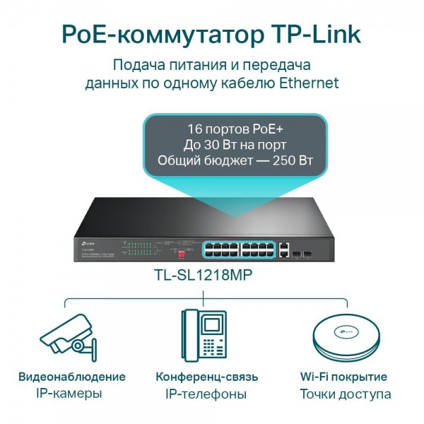 TP-Link Неуправляемый коммутатор с 16 портами PoE+ 10/100 Мбит/с и 2 комбинированными гигабитными портами RJ45/SFP
