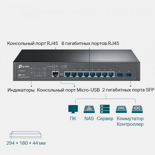 TP-Link Управляемый коммутатор JetStream уровня 2+ с 8 гигабитными портами RJ45 и 2 гигабитными портами SFP