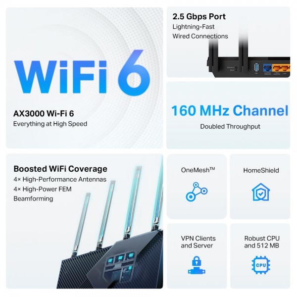 TP-Link Двухдиапазонный Wi-Fi роутер AX3000 с портом WAN/LAN 2,5 Гбит/с и поддержкой Mesh TP-Link Двухдиапазонный Wi-Fi роутер AX3000 с портом WAN/LAN 2,5 Гбит/с и поддержкой Mesh