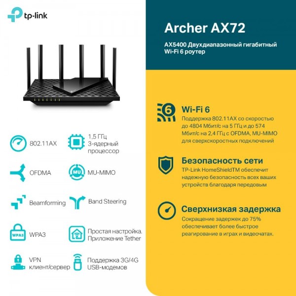 TP-Link Двухдиапазонный гигабитный Wi‑Fi роутер AX5400 с поддержкой Mesh